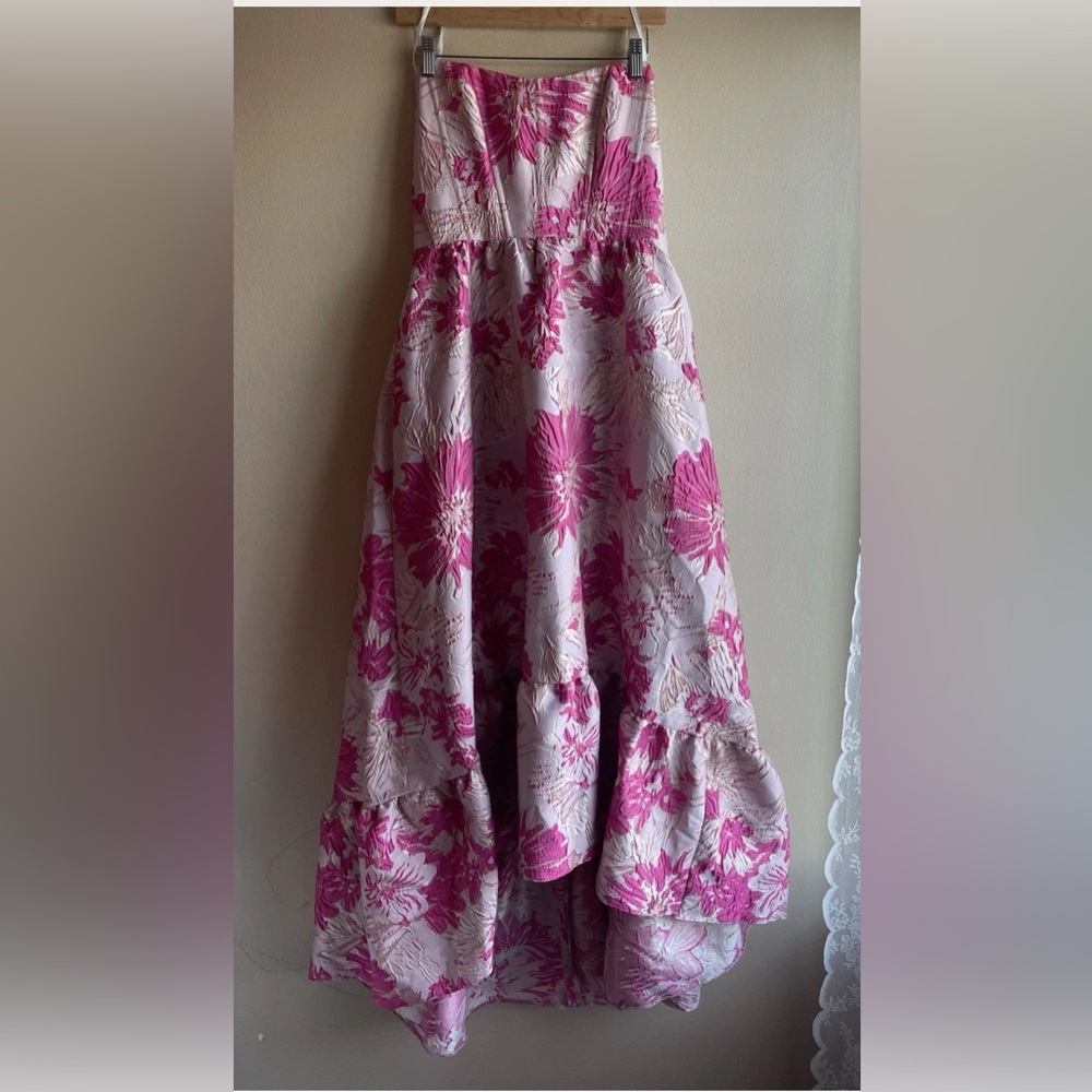 Dessy Collection CAT EYE CORSET HIBISCUS PINK FLORAL JACQUARD HIGH LOW Dress 6R - Picture 3 of 12